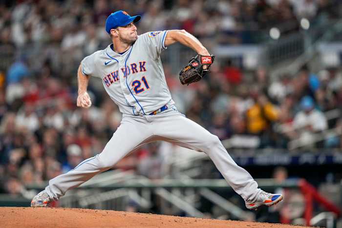 Mets righthander Max Scherzer pitches against the Braves in Atlanta